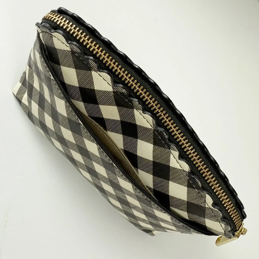 Talbots Cosmetic Makeup Bag Womens Black Cream Gingham Scallop Zipper Travel